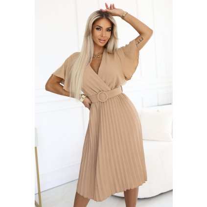 188459 lyra plisovane midi saty s vystrihem do v a sirokym paskem karamelove 607 2