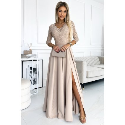 197459 amber krajkove elegantni dlouhe saty s vystrihem a rozparkem u nohavic bezove 309 10 velikost s barva bezova