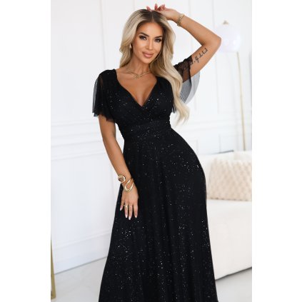 227577 numoco melania dlouhe leskle saty s vystrihem a kratkymi rukavy cerne 635 2 velikost uni barva cerna