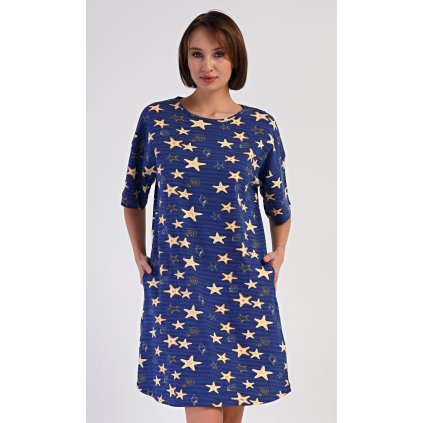 202937 damske domaci saty s trictvrtecnim rukavem hvezdy barva modra tmave velikost xl