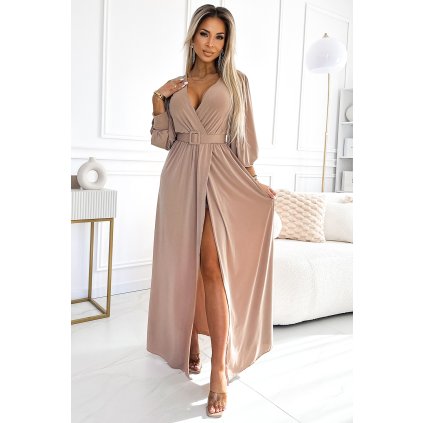 213848 fiorella dlouhe saty s sirokym paskem a vystrihem bezovy 536 2 velikost uni barva bezova