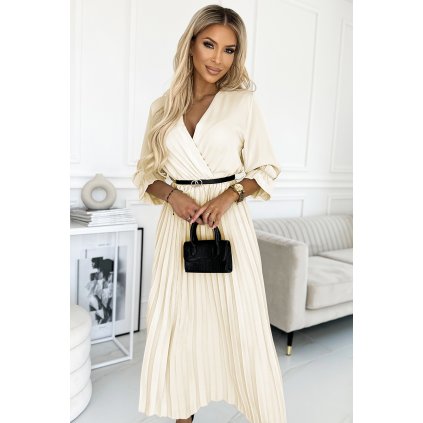 214322 serena plisovane maxi saty s vystrihem paskem a 3 4 rukavy ecru 462 4 velikost uni barva telova