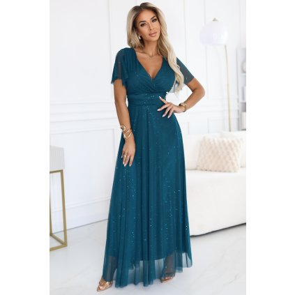 215615 melania dlouhe leskle saty s vystrihem a kratkymi rukavy lahvove zelene 635 1 velikost uni barva zelena