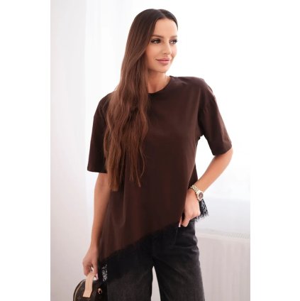 215351 damska asymetricka bavlnena bluza s krajkou dole velikost uni barva hneda