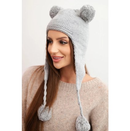 216722 damska zimni cepice pletena s bambulkami usanka medved k476 seda velikost uni