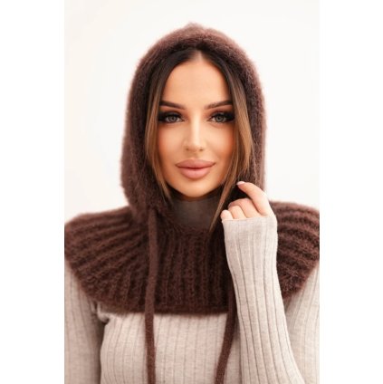 223586 damska cepice s kapuci a jemnym pletenim s tkanickami hneda velikost uni barva hneda