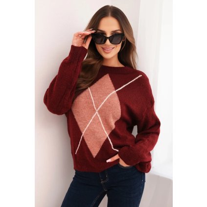 220442 damsky svetr s geometrickym vzorem s primesi vlny a alpaky velikost uni barva bordo