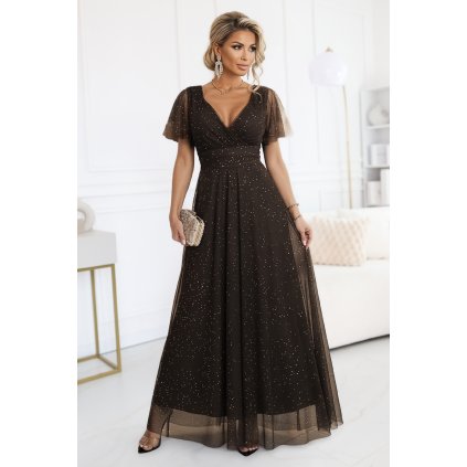 224855 numoco melania dlouhe leskle saty s vystrihem a kratkymi rukavy cokoladove 635 4 velikost uni barva hneda