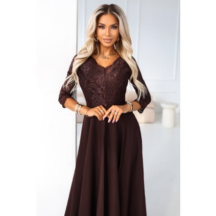 220508 amber elegantni dlouhe krajkove saty s vystrihem cokoladove 309 14 velikost s barva hneda