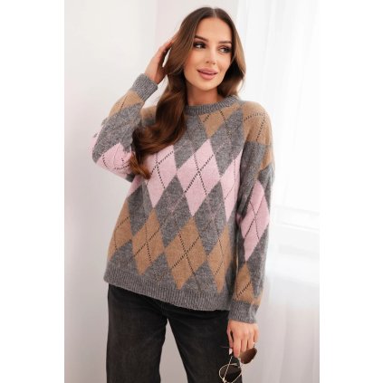 220454 svetr damsky s ajurem a kulatym vystrihem v diamond s vlnou velikost uni barva seda