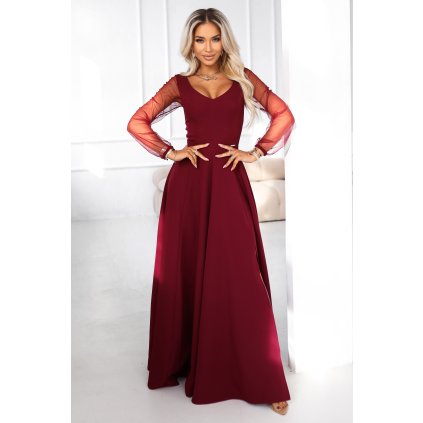 221096 loretta unikatni dlouhe saty s tylovymi rukavy a vystrihem vinove 640 1 velikost s barva bordo