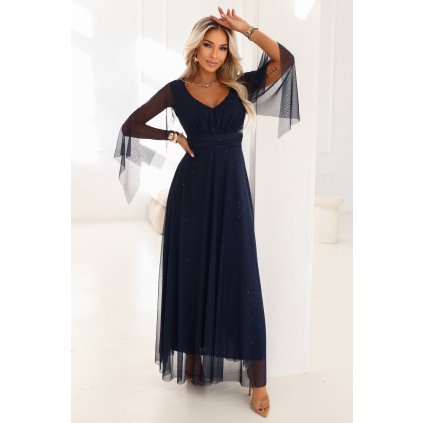 222485 dlouhe trpytive saty s vystrihem a pruhlednymi rukavy tmave modre 655 3 velikost uni barva modra