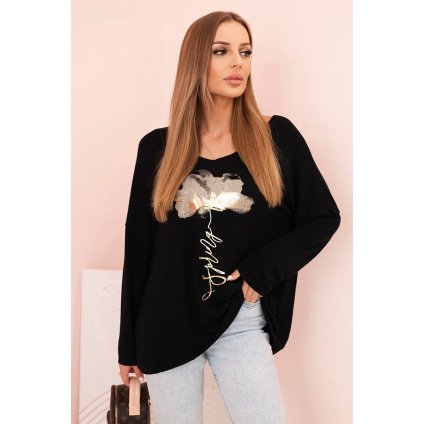 224819 damska halenka z viskozy s dlouhym rukavem a zlatym kvetinovym potiskem velikost uni barva cerna