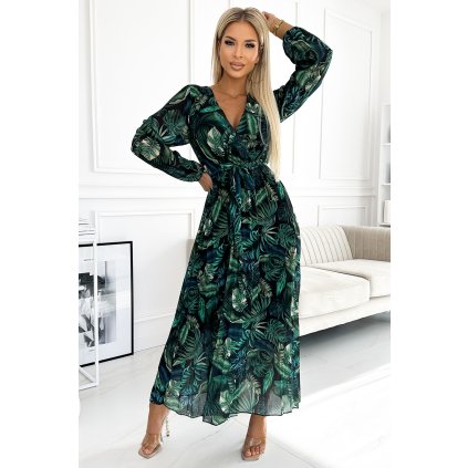 226128 numoco plisovane sifonove dlouhe saty s vystrihem dlouhym rukavem a paskem zelene listy 511 1 velikost uni barva zelena