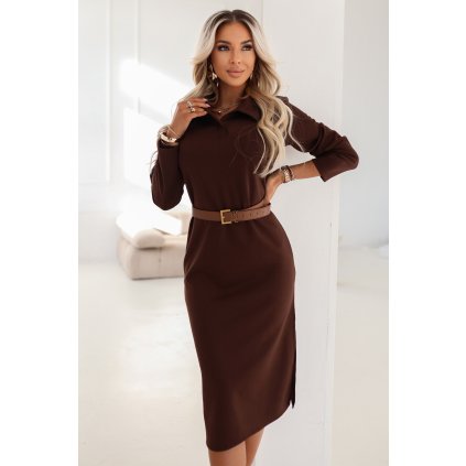226677 numoco elegantni midi saty s limeckem a bocnim rozparkem 649 1 velikost uni barva hneda