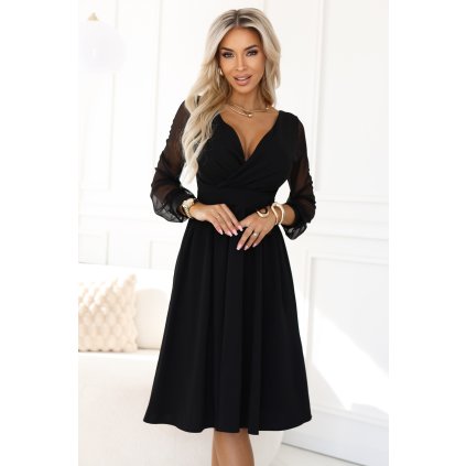 228009 elegantni midi saty s zavinovacim vystrihem a tylovymi rukavy velikost xs barva cerna