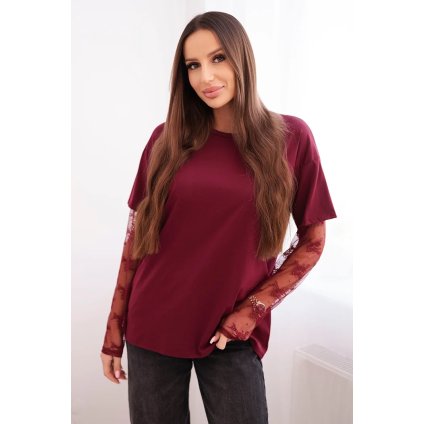 230190 damska bavlnena bluza s krajkovymi rukavy velikost uni barva hneda