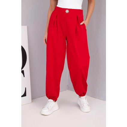 230985 damske bavlnene kalhoty s vysokym pasem a ozdobnym knoflikem velikost uni barva cervena