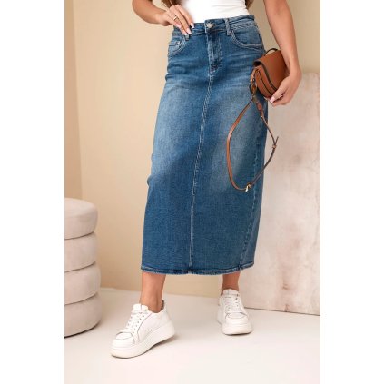 231111 dzinova midi sukne m sara s vysokym pasem velikost m