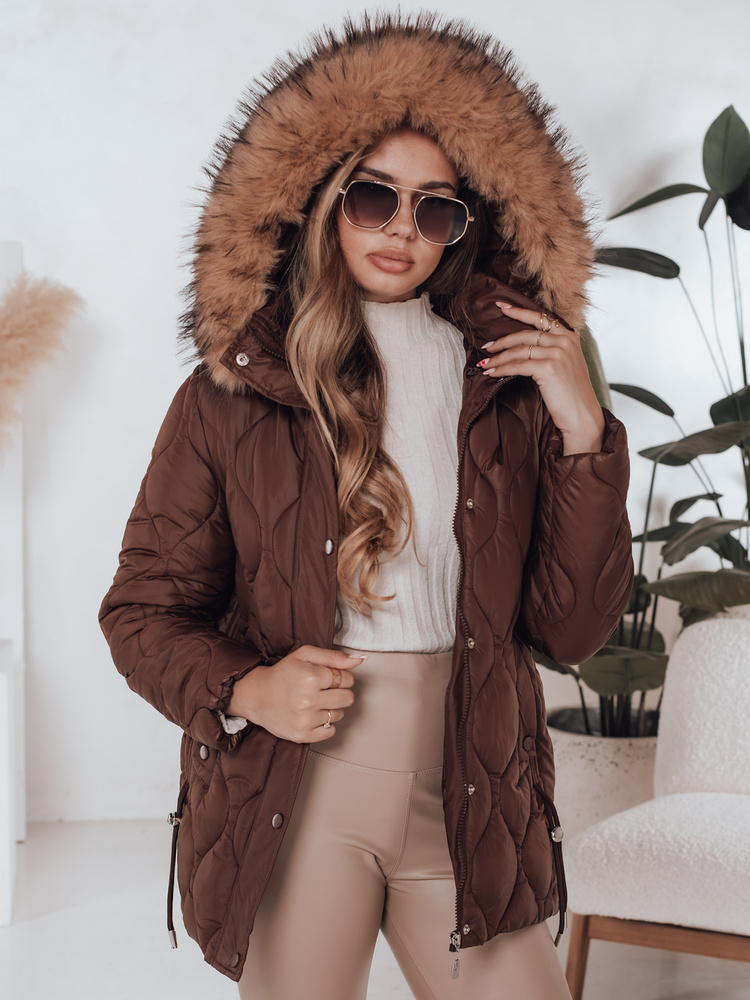 Dámska zimná bunda s kapucňou a kožúškom LUMORE Dstreet TY4723 Farba: Béžová, Veľkosť: L