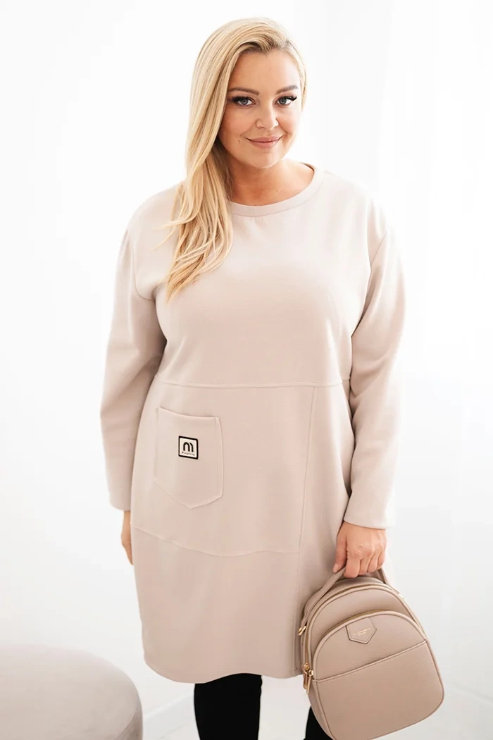 Dámske šaty Plus Size maslové s vreckom a 3/4 rukávom khaki Farba: Béžová, Veľkosť: UNI
