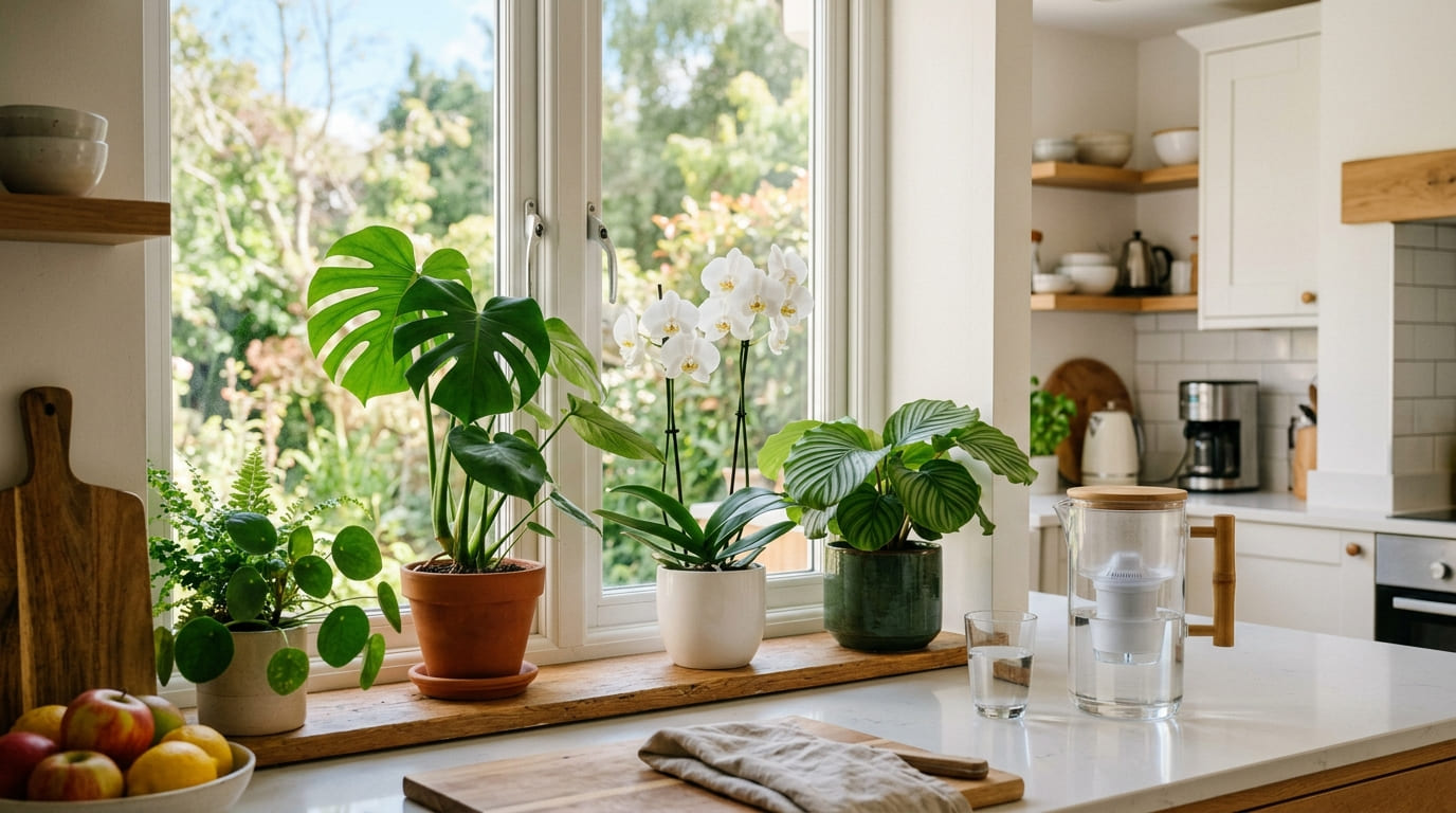 Pokojové rostliny a filtrační konvice v domácnosti