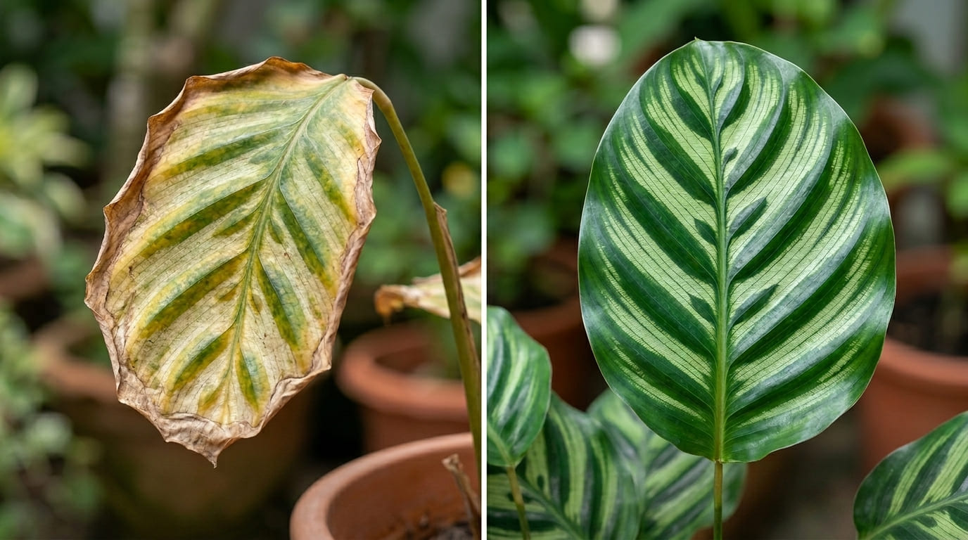 Srovnání zdravého a poškozeného listu calathey