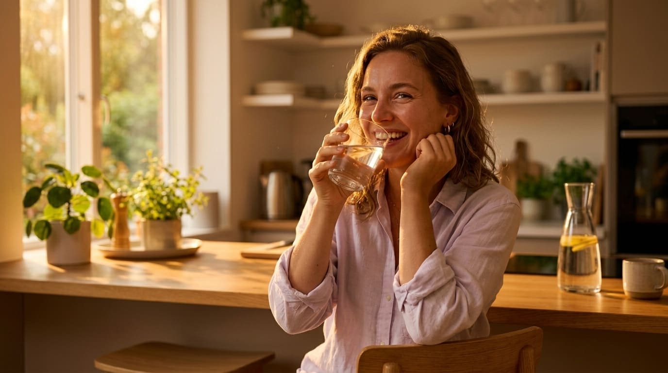 Usměvavá žena pije čistou vodu ve slunné kuchyni