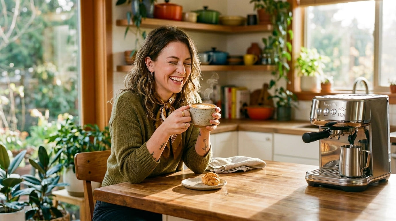 Žena s kávou v moderní kuchyni s čistými spotřebiči