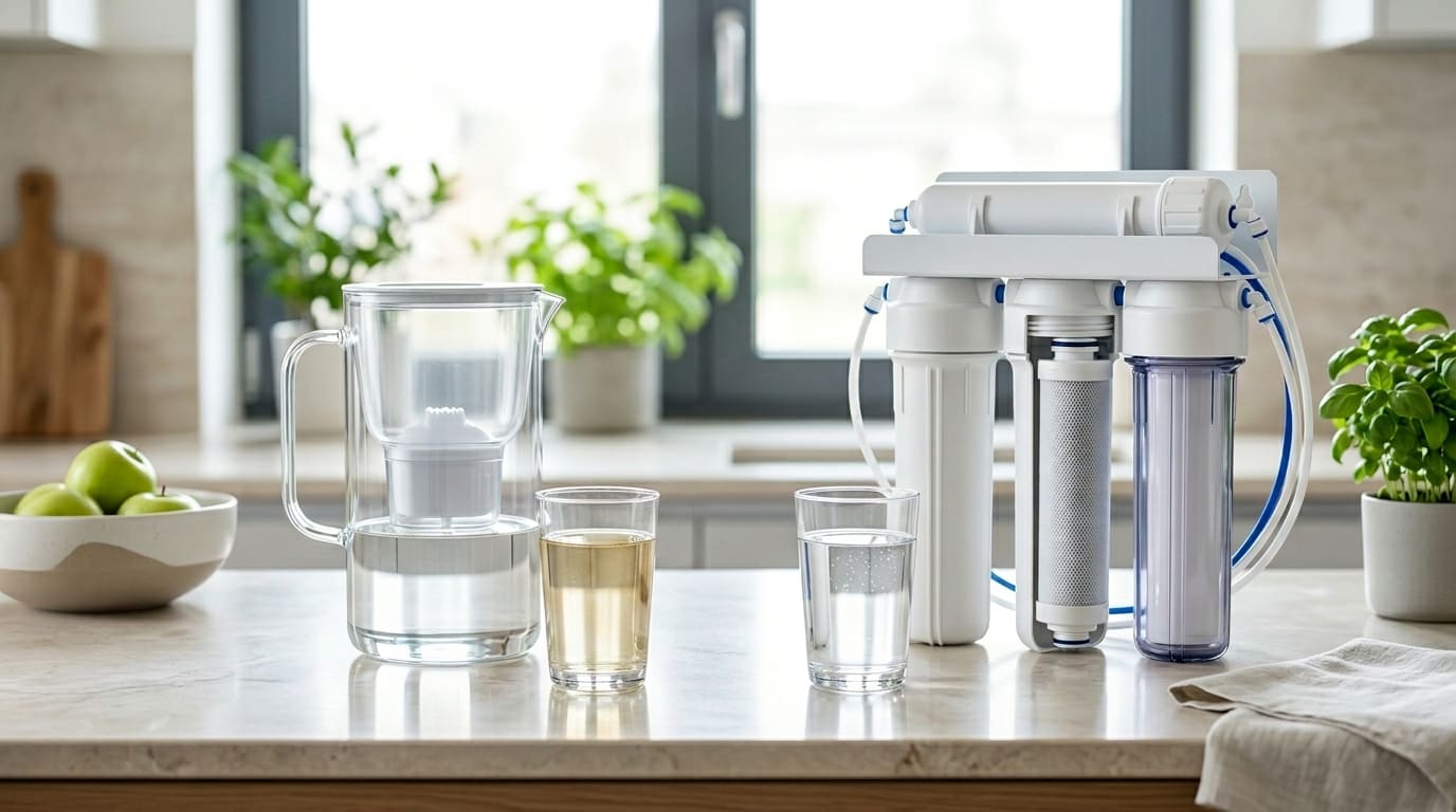Filtrační konvice a průtokový filtr jako rozdíl mezi běžnou úpravou vody a filtrací železa