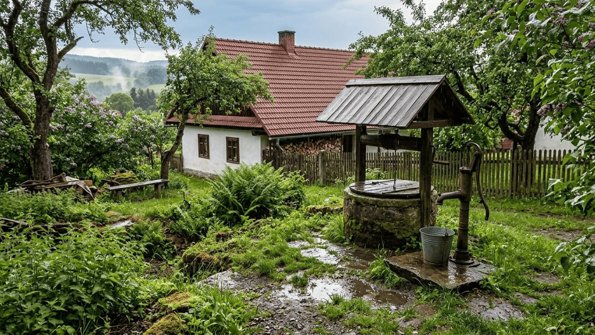 Studna u rodinného domu po dešti – kvalita studniční vody začíná u samotného zdroje