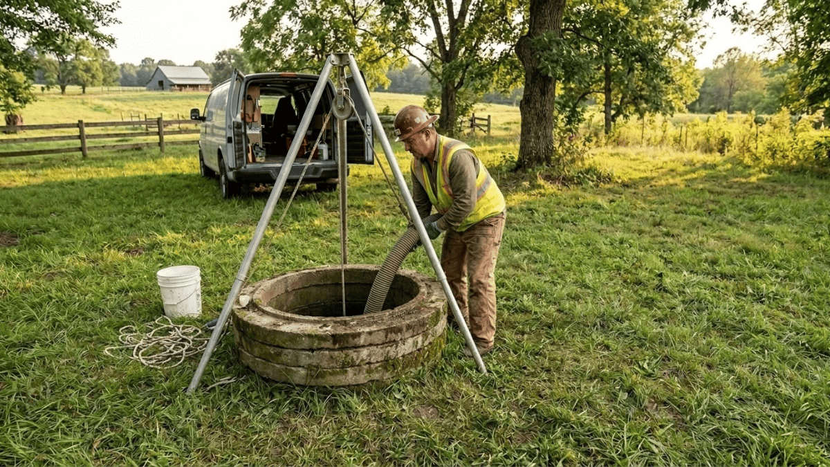 Technik při čištění a odčerpávání vody z kopané studny