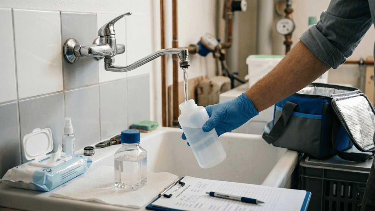 Odběr vzorku vody z kohoutku pro následné testování nebo laboratorní rozbor
