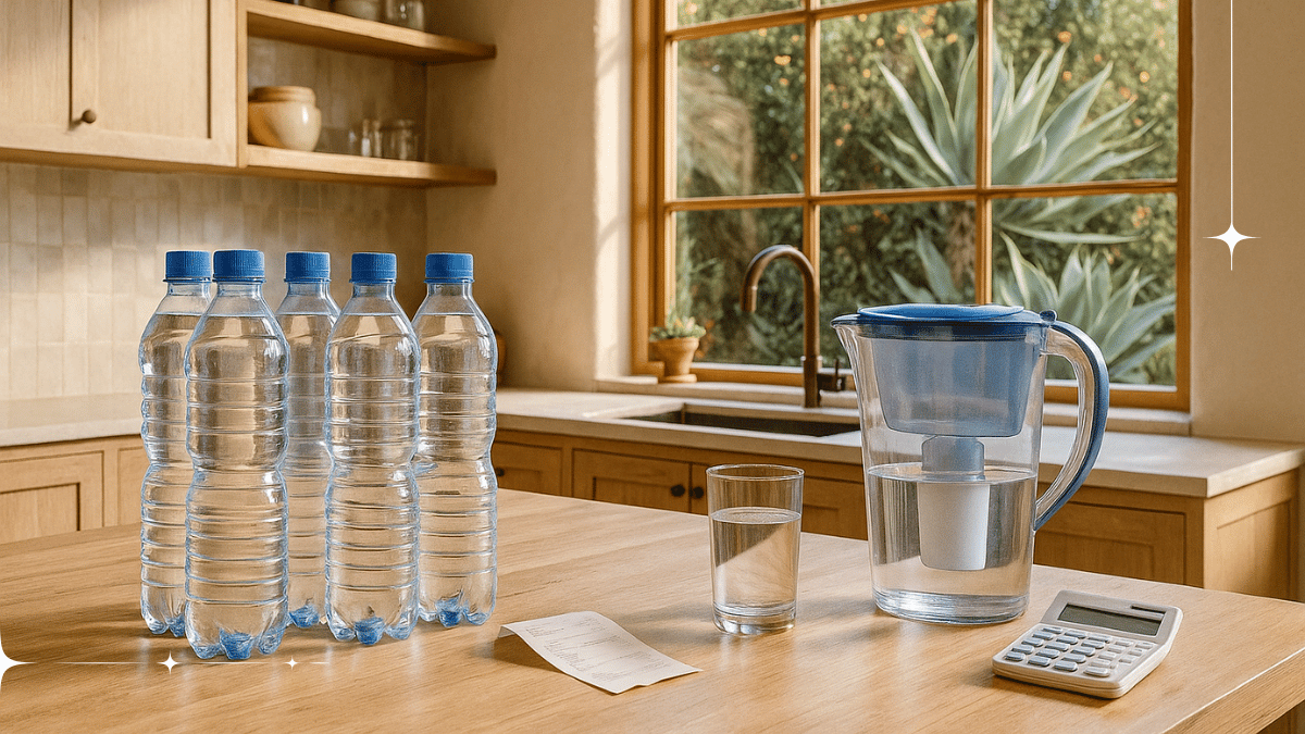 Srovnání cen filtrované a kohoutkové vody s účtenkou a kalkulačkou