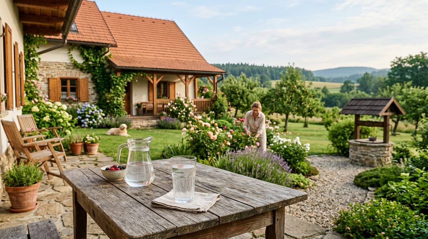 Filtrovaná voda ve sklenici na zahradě