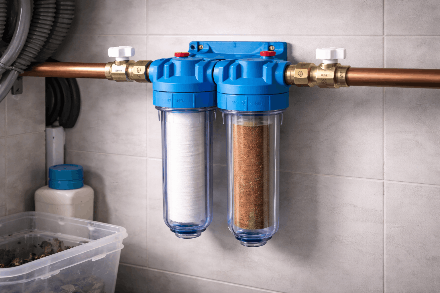 Průtokový filtr namontovaný na přívodu studené vody v technické místnosti