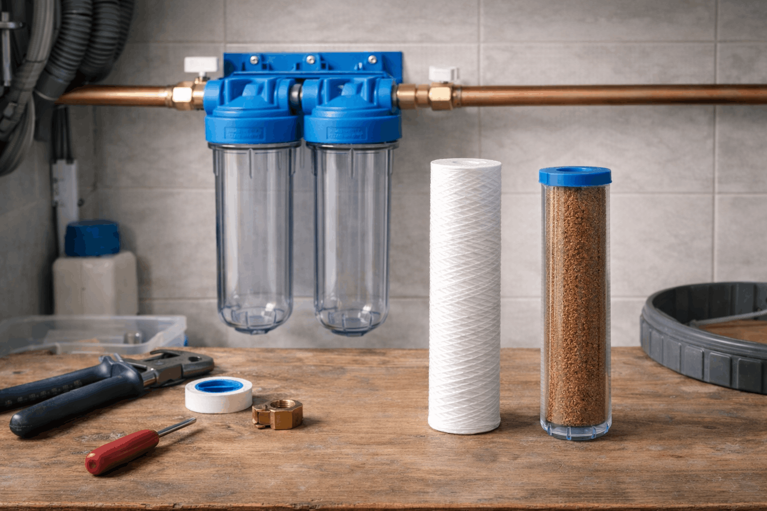 Detail dvoustupňového průtokového filtru se dvěma čirými mísami a modrými hlavami