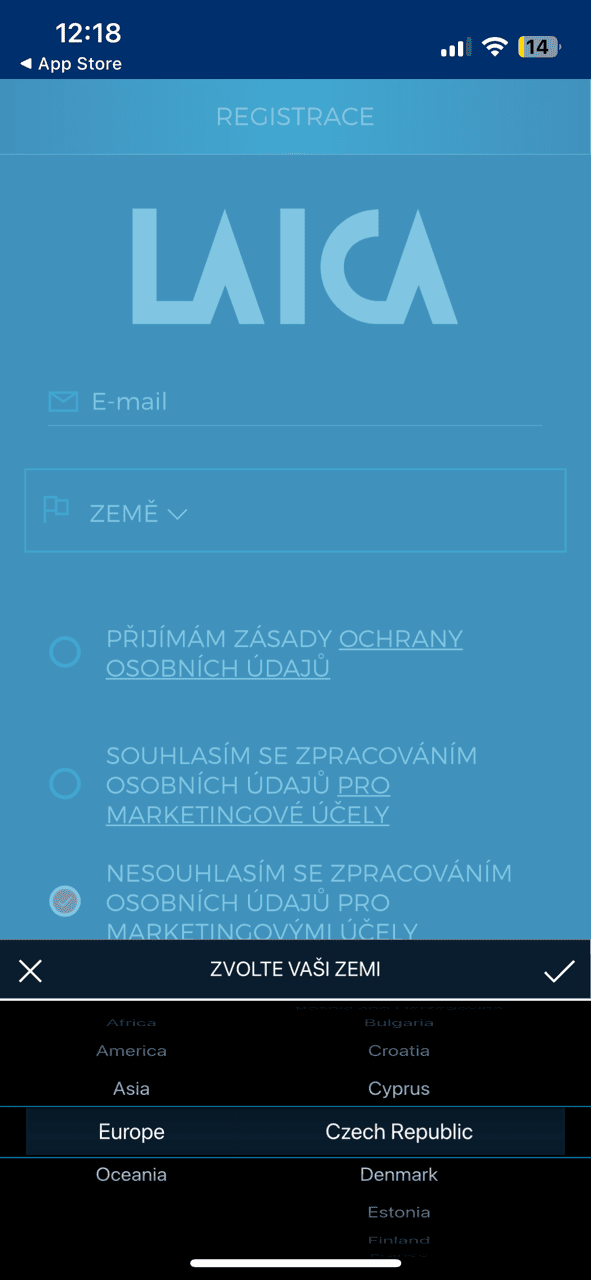 Registrace v aplikaci LAICA Home Wellness a výběr České republiky