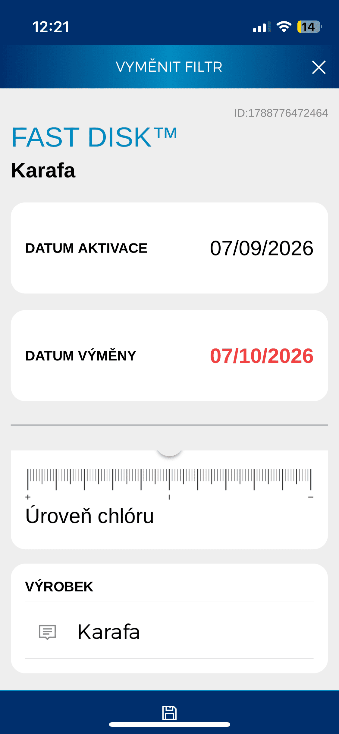 FAST DISK v aplikaci LAICA Home Wellness s datem aktivace a plánovanou výměnou
