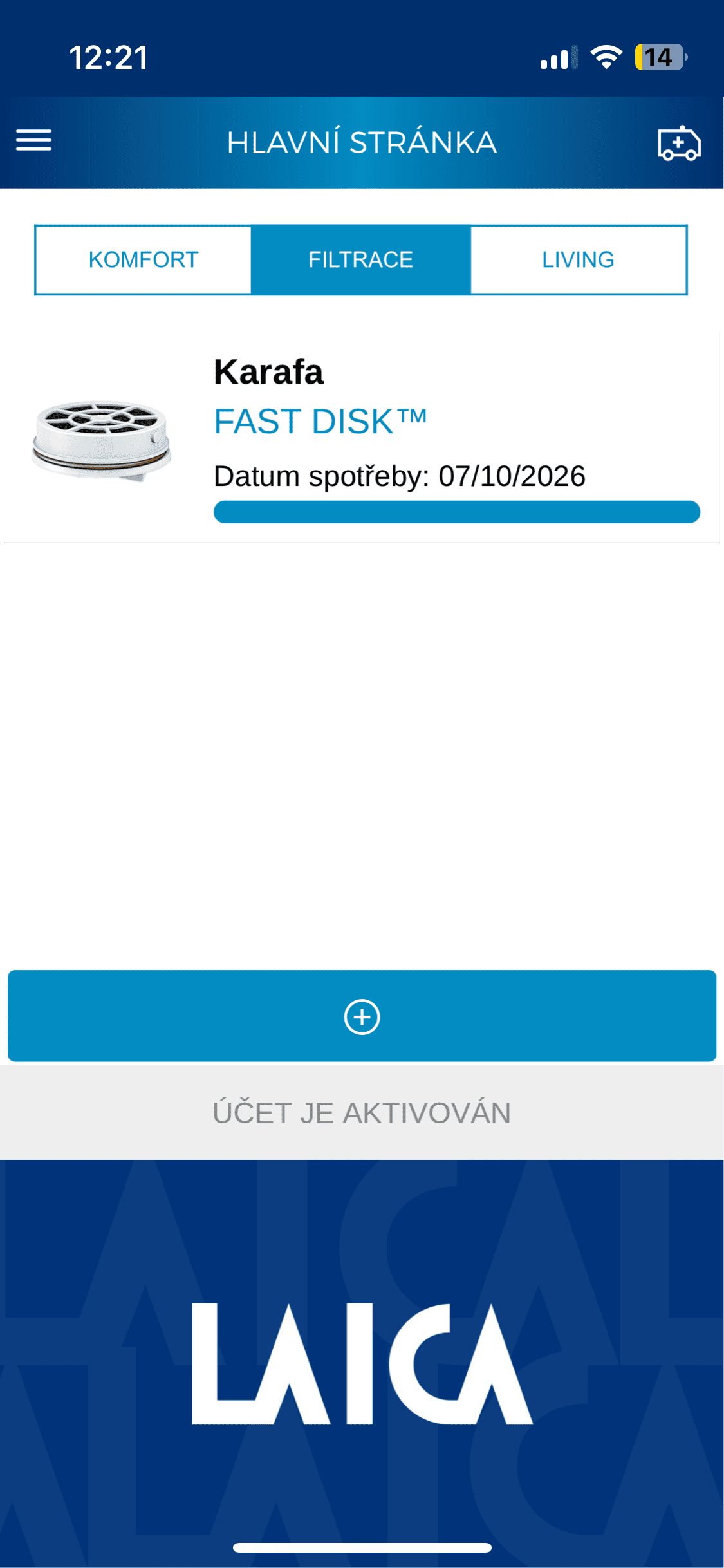 Hlavní obrazovka aplikace LAICA Home Wellness s karafou FAST DISK