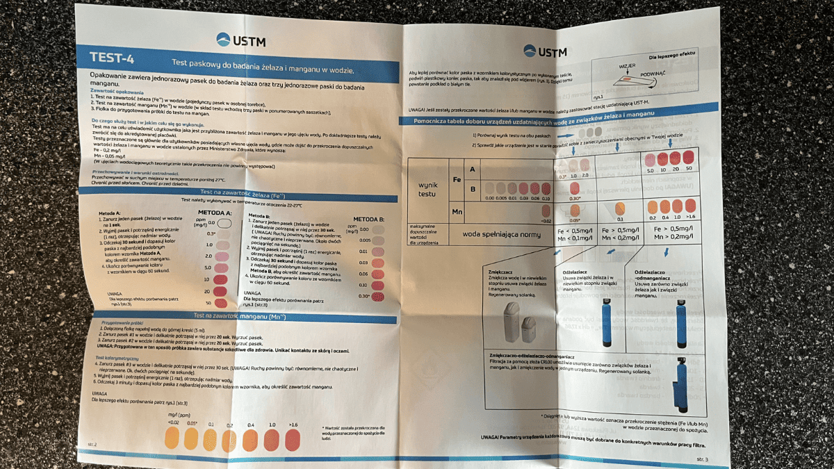 Originální polský návod USTM TEST-4 s barevnými stupnicemi pro železo a mangan