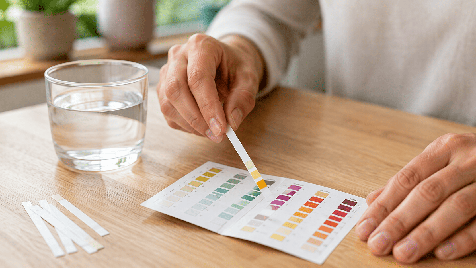Porovnání testovacího proužku s barevnou stupnicí při domácím testování vody