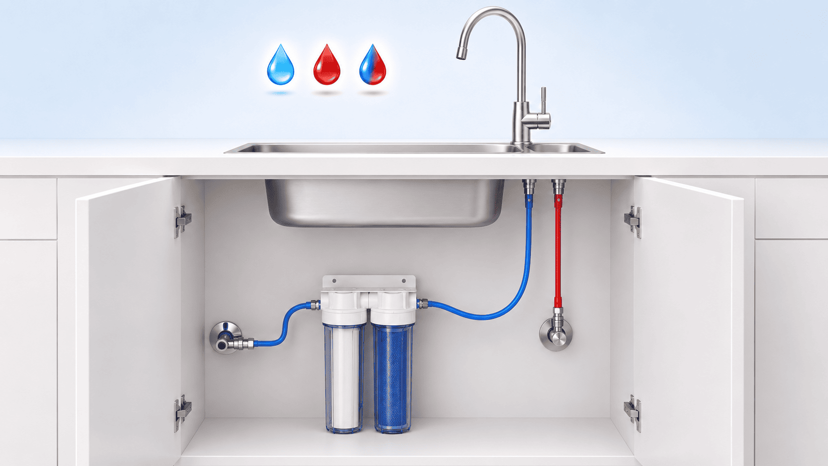 Schéma zapojení filtru pod dřez bez vrtání na stávající kuchyňskou baterii