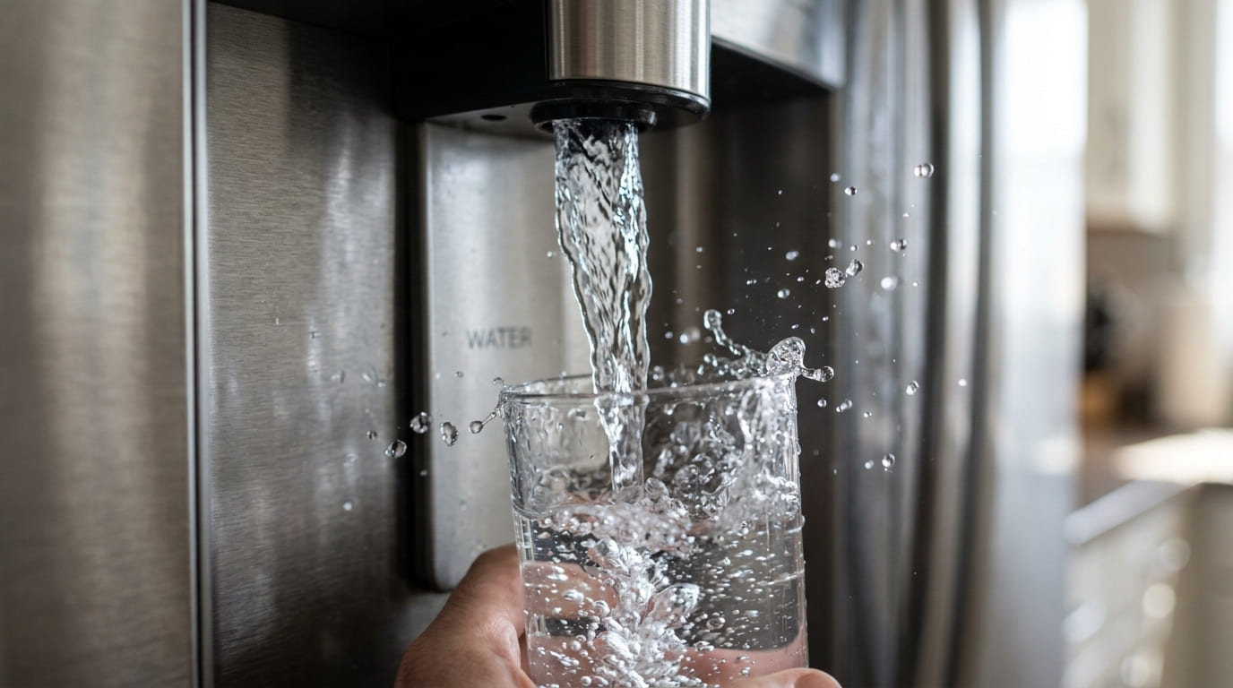 Detail dávkovače vody a ledu u americké lednice