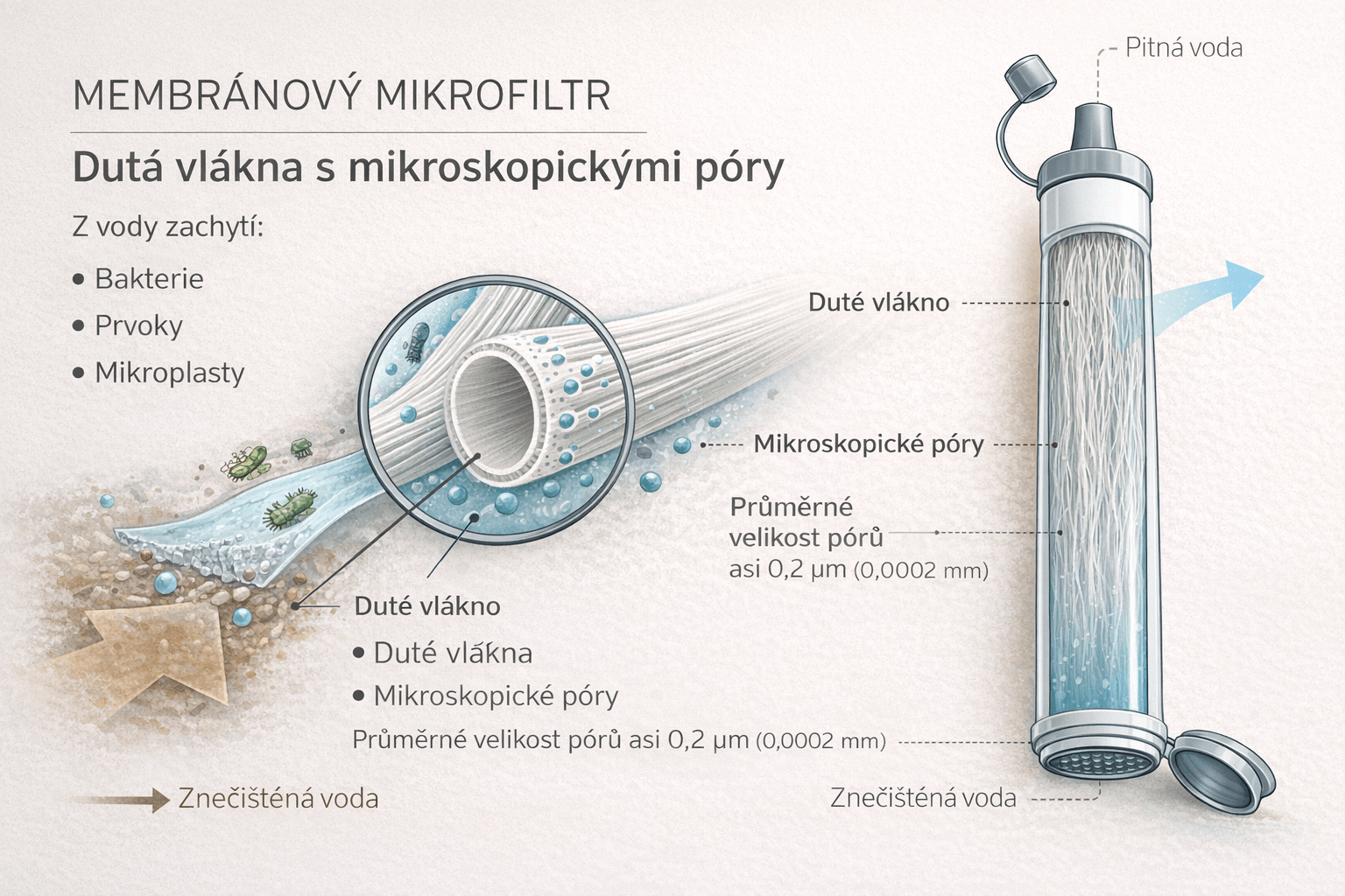 Vizualizace membránového mikrofiltru s dutými vlákny a mikroskopickými póry