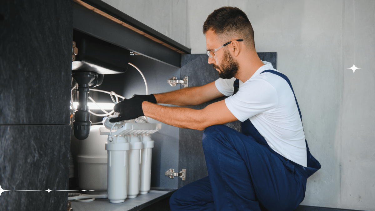 Instalace filtru pod dřez v kuchyni – technik připojuje hadičky