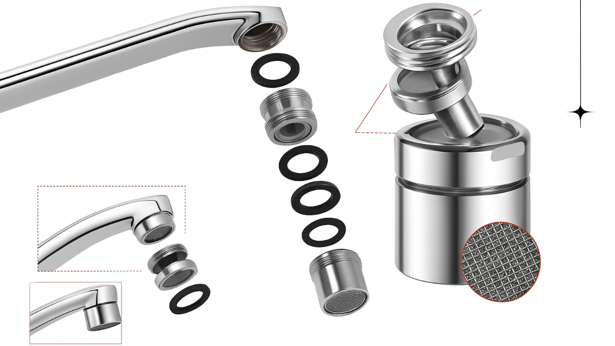 Schéma: závit v baterii a perlátor, který se vyšroubuje a nahradí filtrem na kohoutek