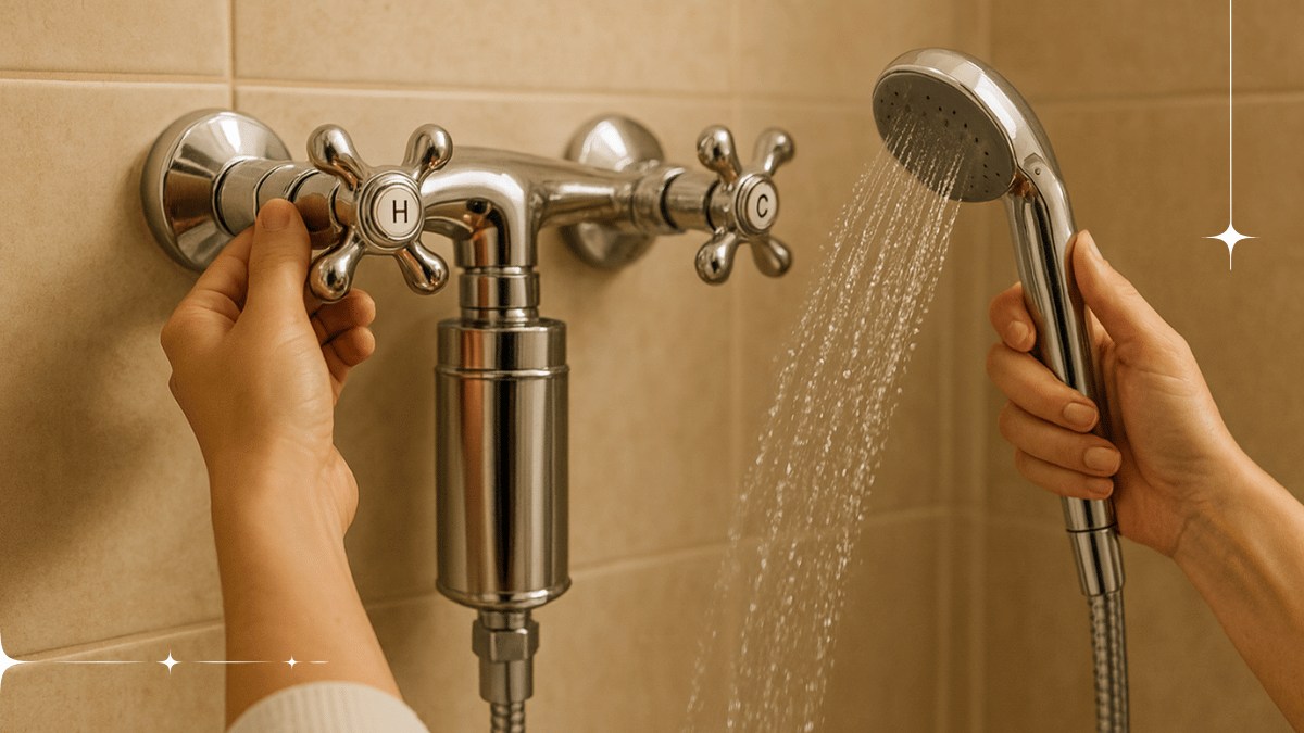 První proplach nově namontovaného sprchového filtru ve sprchovém koutě