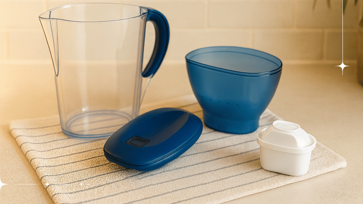 Oplach a šetrné osušení konvice – patrona je odložena, nemyje se