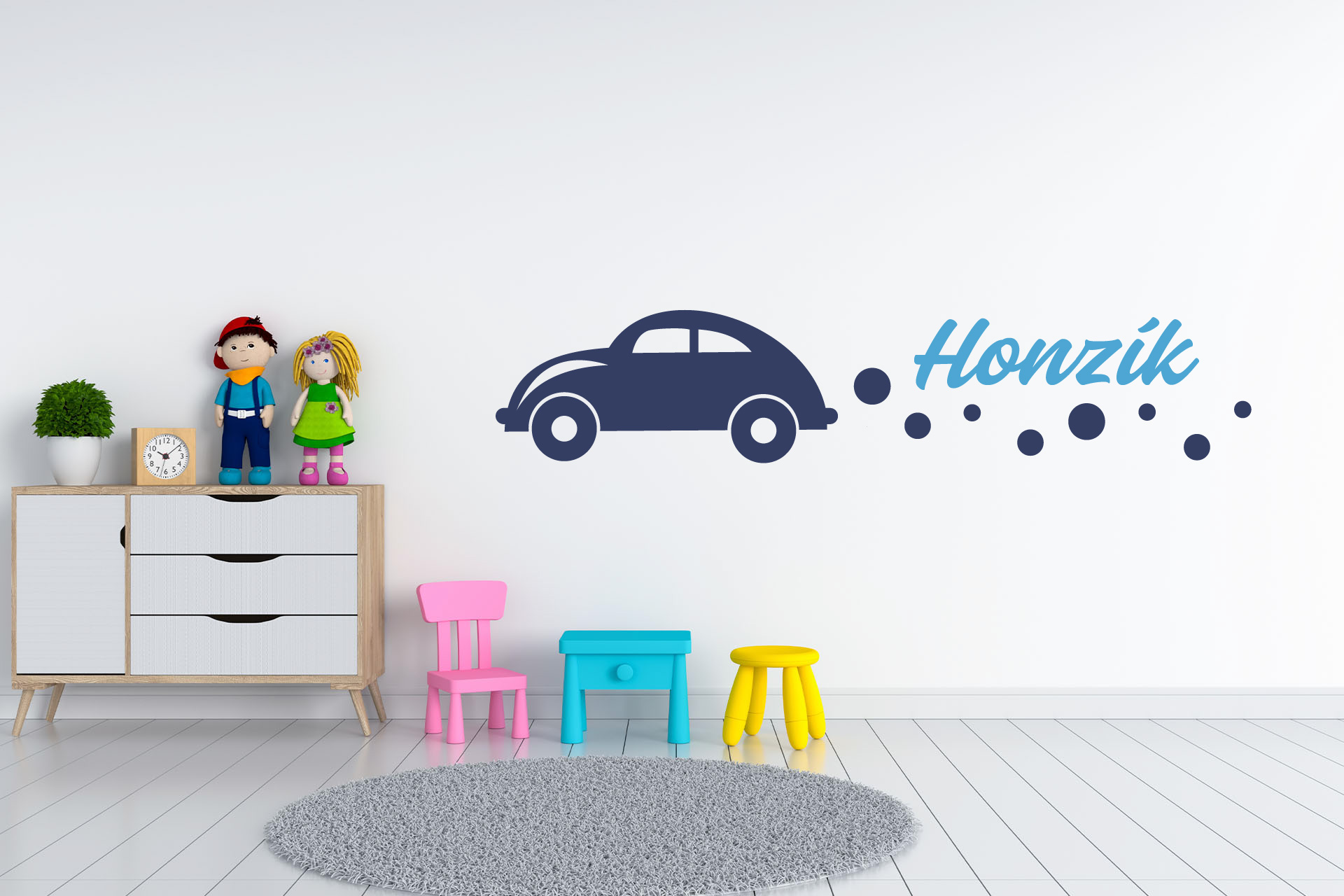 Lepy.sk Samolepka pre bábätká Auto + meno pre chlapcov Kombinácia farieb: Ľadová modrá + tmavo modrá, Velikost vzoru po nalepení: 75x16cm